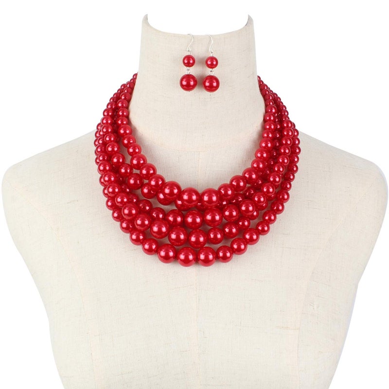 KOSMOS-LI Multi Layer Pearl Strand Necklace Bracelet And Earring Faux Red Pearl Jewelry Set For Women - Image 3